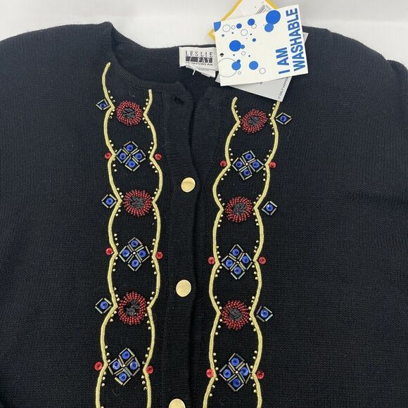 Leslie Fay Vintage Women Large Black Sweater Beaded Embellished Sequin Cardigan - Picture 6 of 15